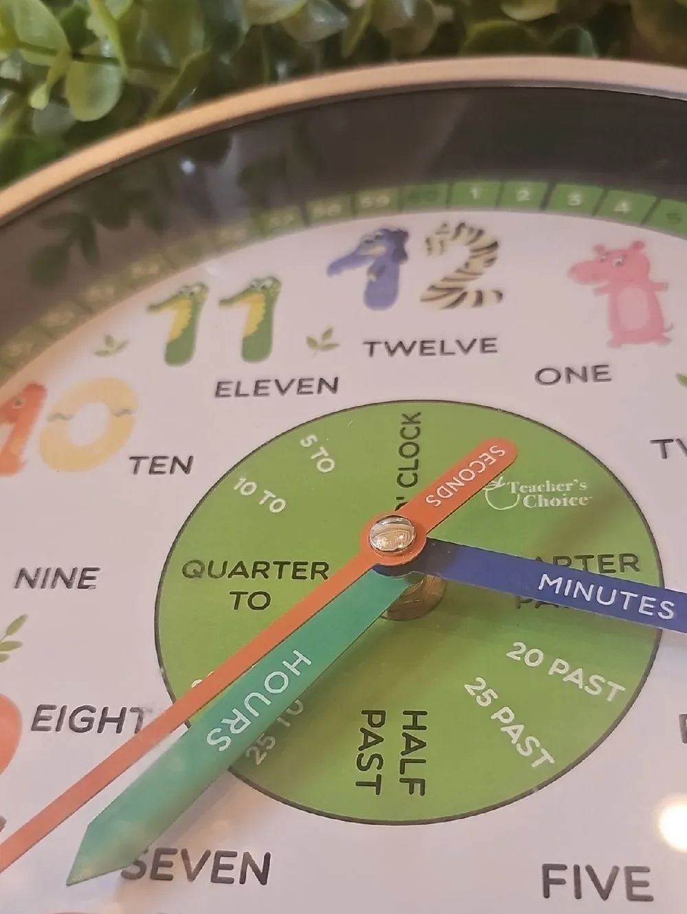 Kids Learning Wall Clock - Colorful Animal Numbers (Green, Blue, Orange)